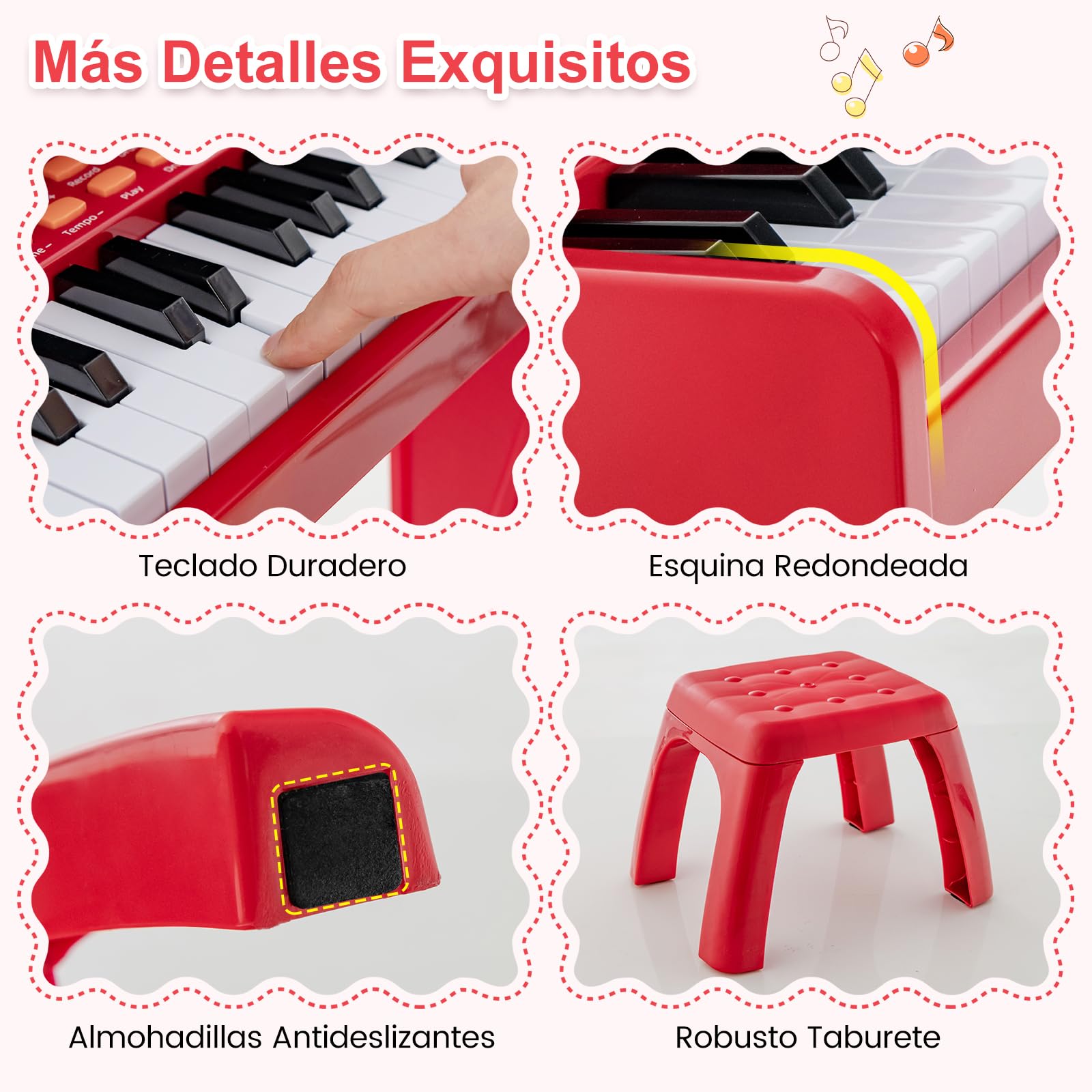 RELAX4LIFE Piano Infantil 37 Teclas con Micrófono Ajustable, Atril Extraíble, Taburete, Funciones de Grabación y Reproducción, 22 Canciones, 8 Ritmos, 8 Instrumentos y MP3 para Niños 3+ Años (Rojo)