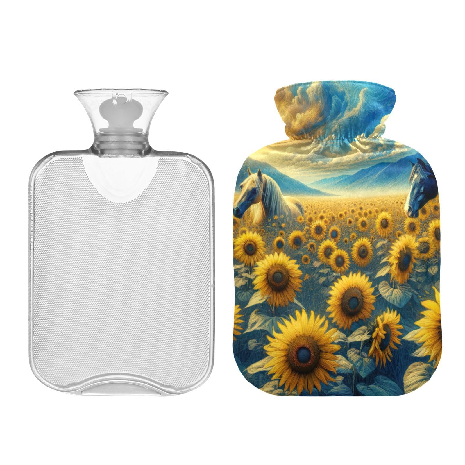 Sunflower Field with Horses Hot Water Bottles with Soft Cover Hand Feet Warmer Hot Water Bag for Neck, Shoulder and Menstrual Cramps, 2L