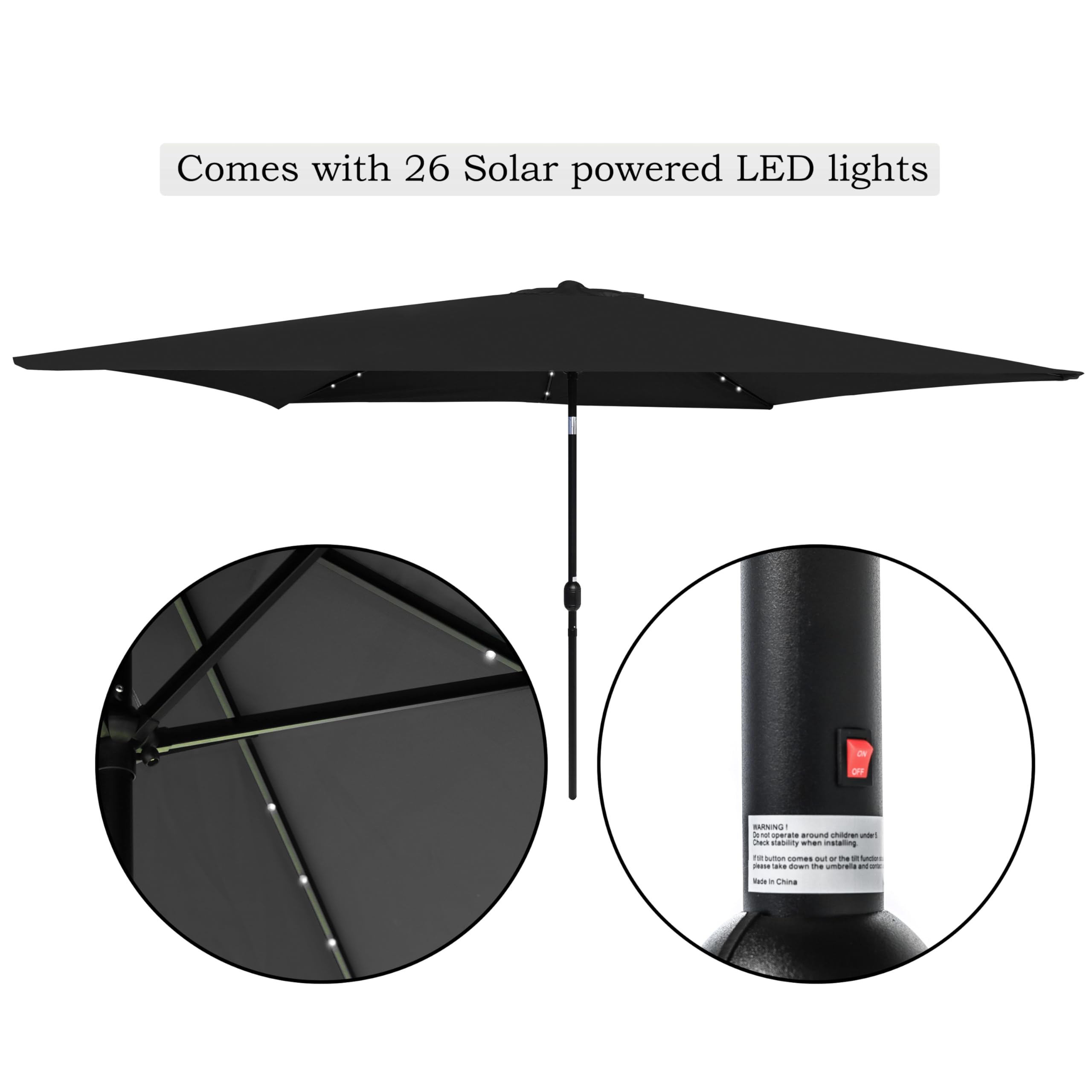 Trademark Innovations Rectangular Solar Powered LED Lighted Patio Umbrella - 10' x 6.5' - (Black)