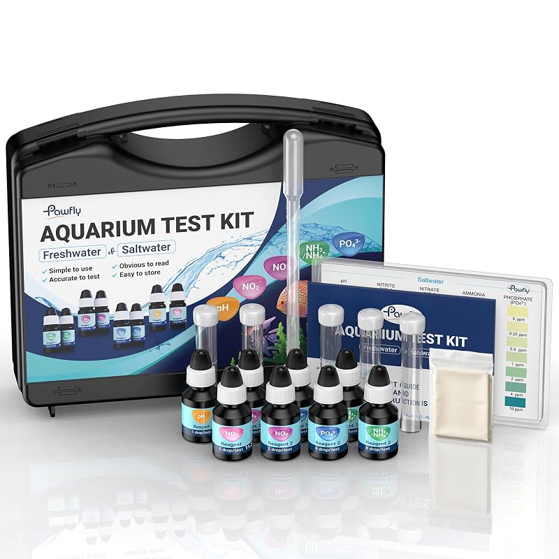 Kit de Teste de Água para Aquário 5 em 1 Pawfly, Água Doce e Salgada, Caixa Preta, 365 Medições