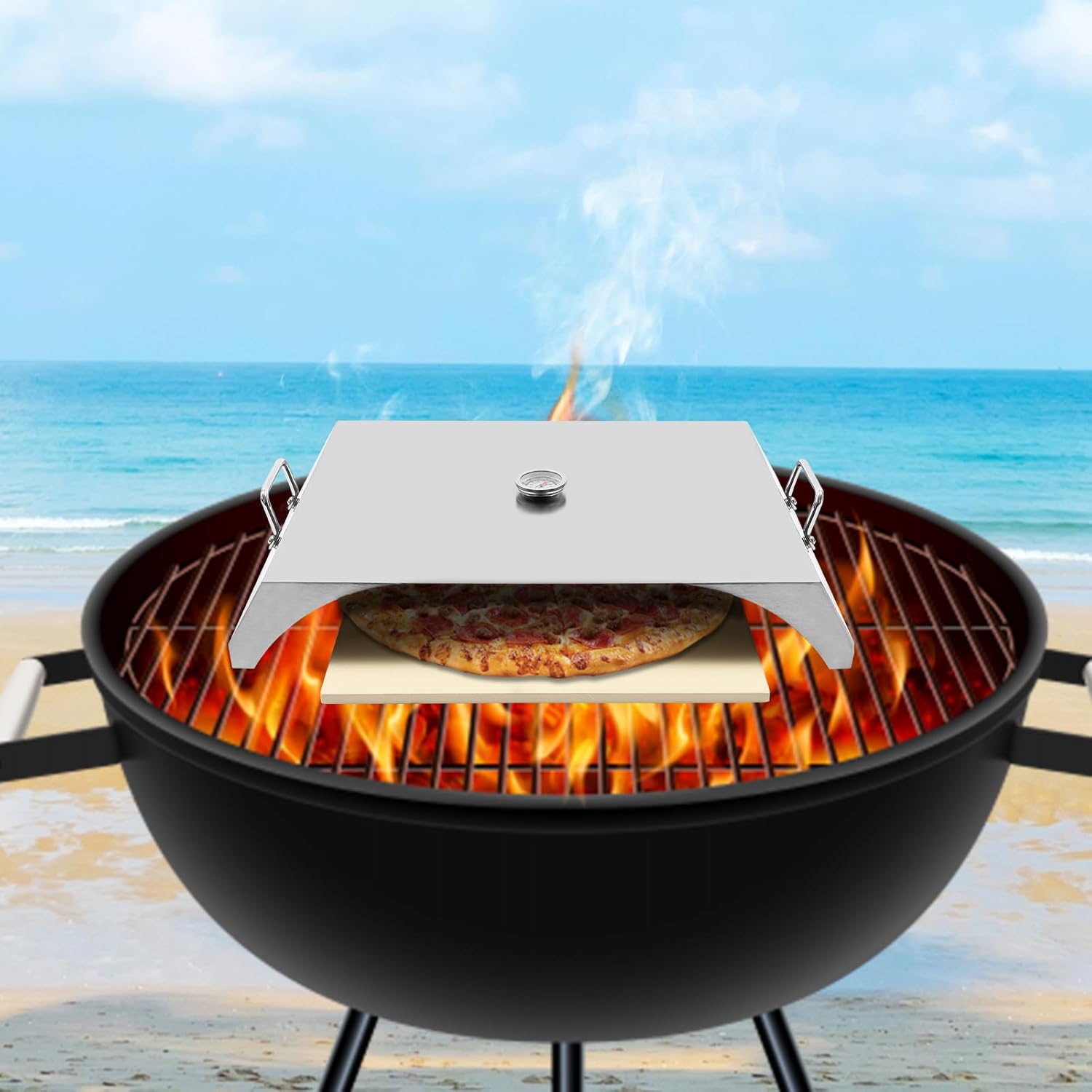 Stainless Steel Grill Top Pizza Oven Kit with Pizza Stone Pizza Shovel and Thermometer for Most Grills Flat Top Grills Griddles -Set of 4 Pizza Baking Pizza