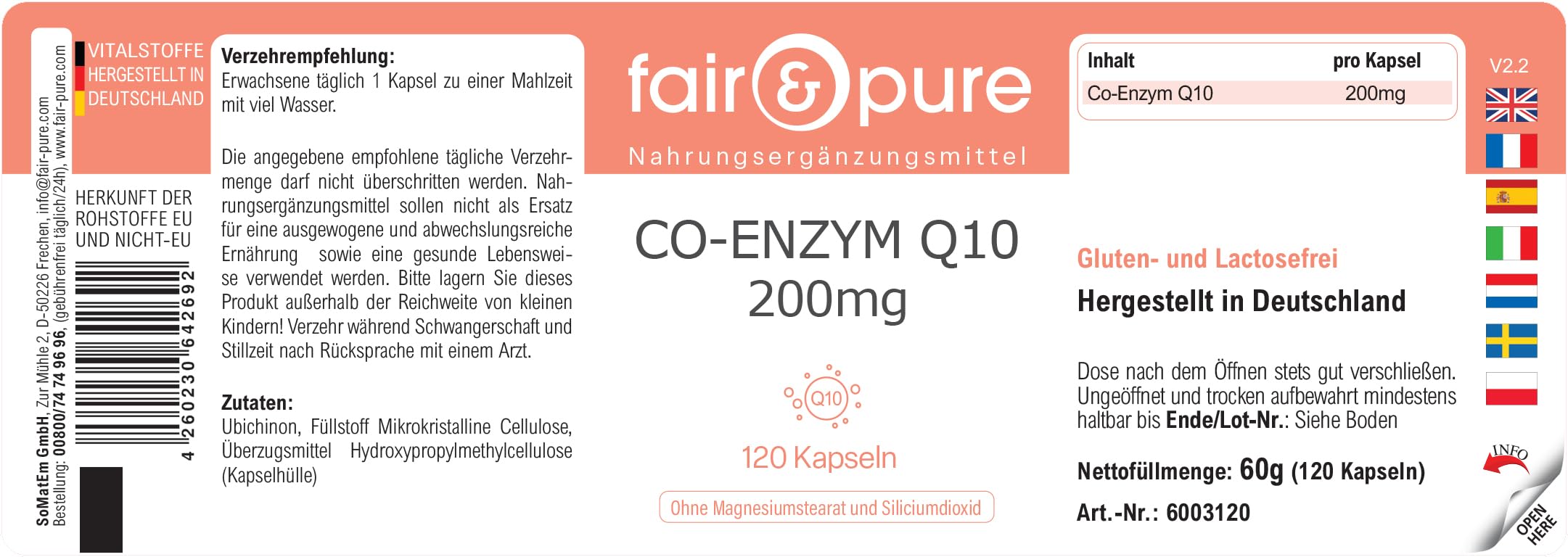 Fair & Pure Co-Enzyme Q10 Capsules 200mg, 120 pièces, complément alimentaire végétalien sans additifs, fabriqué en Allemagne