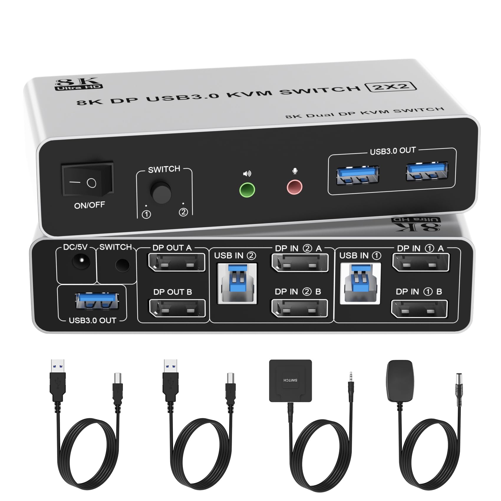 8K KVM Switch 2 Monitors 2 Computers DisplayPort, 8K@60Hz DP 1.4 Dual Monitor KVM Switch for 2 Computer Share 2 Monitor, Audio Mic Port and 3 USB3.0