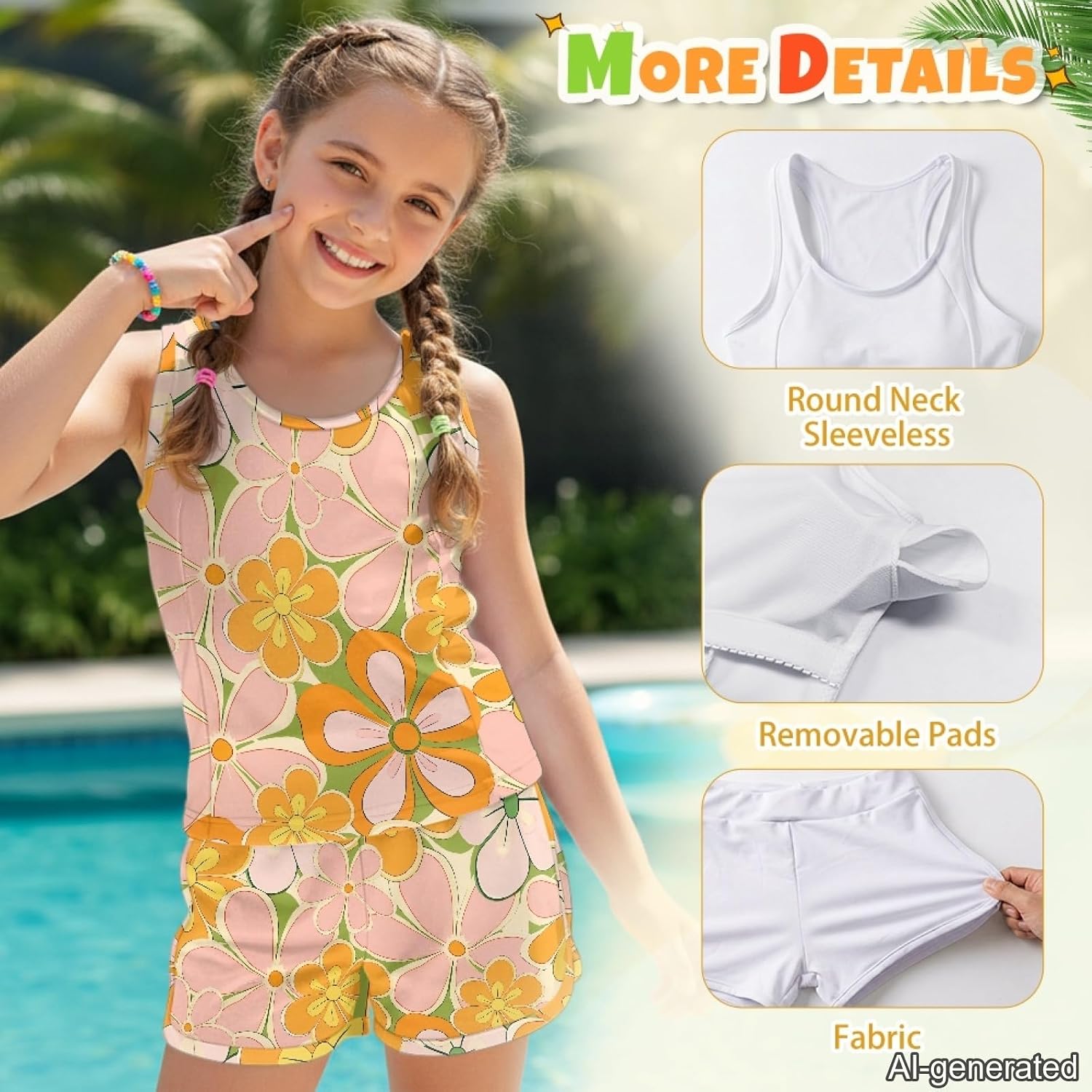 Girls Tankini Swimsuit, 2 Pieces U-Neck Tummy Control Swimwear Soft Tankini Bathing Suits High Waisted Short