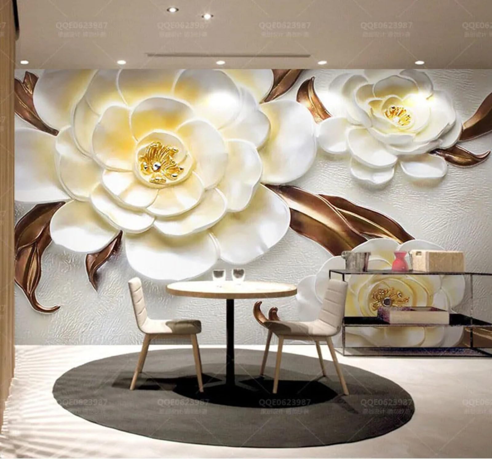 Tzxztt Relief Three Dimensional Aesthetic White Flowers Modern 3D Wallpaper Premium Textured Silk Neutral Tones Material Ideal for Living Room Bedroom-300cm×210cm