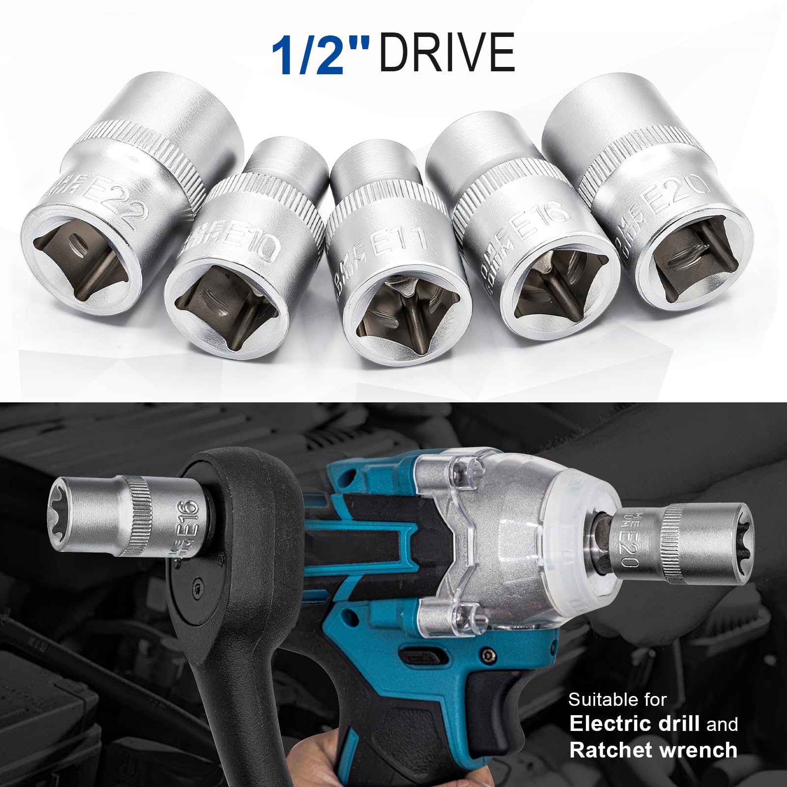 DAKCOS Juego de 9 llaves de vaso E-Torx Vaso de Torx hembra con puntas perfiladas E 1/2" E10, E11, E12, E14, E16, E18, E20, E22, E24, CR-V