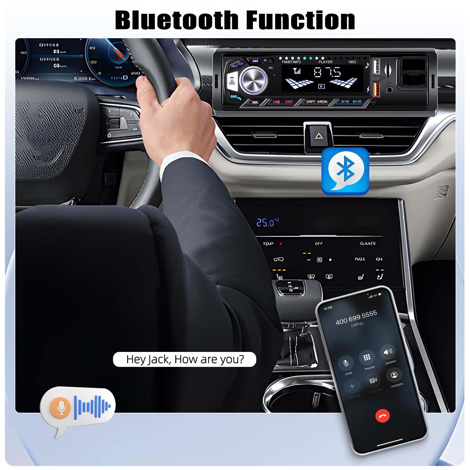 CAMECHO Autoradio 1 Din Bluetooth 5.0 mit Handyhalterung, Autoradio mit Bluetooth Freisprecheinrichtung, MP3 Tuner mit U Disk/FM/TF-Karte/AUX/2 USB 7 Backlight, 4 * 45W