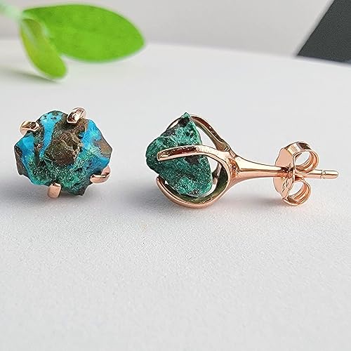 Miniatura 9 de Real raw blue sapphire stud earrings with rose gold over 925 sterling silver, 6 to 7mm rough genuine quality september birthstone gift for her,