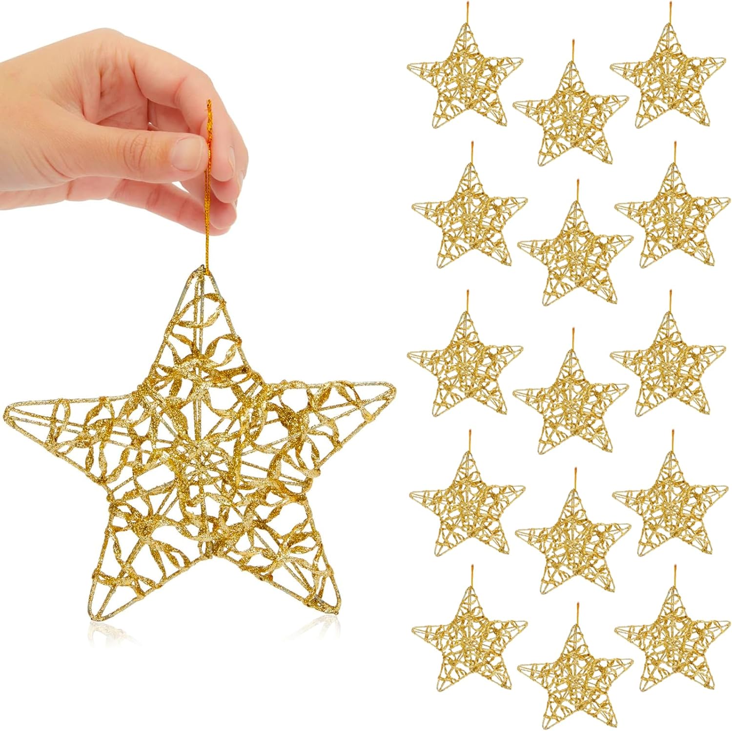 16 pc Christmas Tree Star Ornament Set - 3.15" Gold Glitter Pentagrams 3.15" Gold Pentagrams - 16 pcs