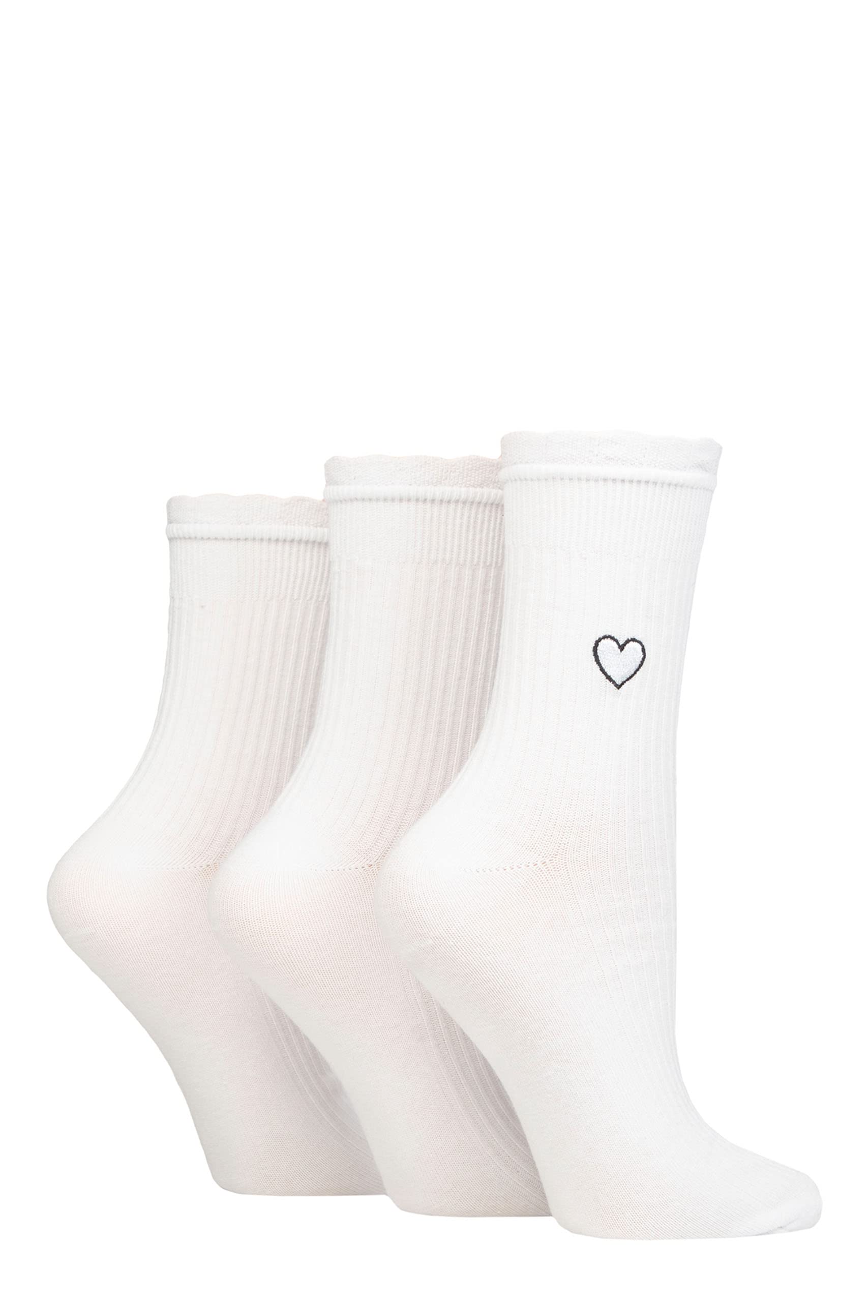 Sockshop Women's White Heart Wildfeet Mid Length Frill Top Embroidered Socks Pack Of 3 4-8