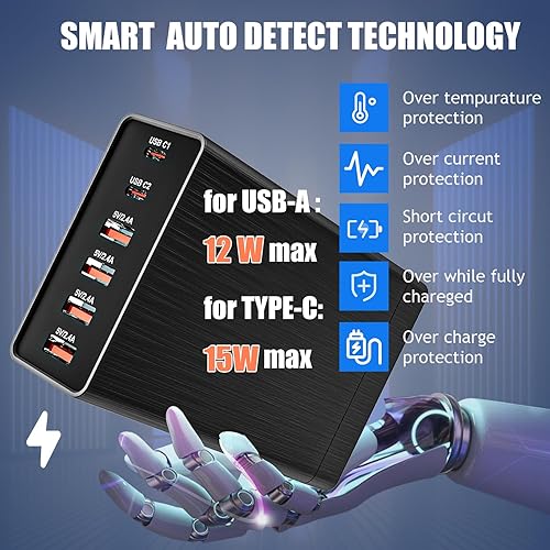 Miniatura 3 de Bloque de cargador multiUSB de 40 W, enchufe plano de 40 W, estación de carga USB de 6 puertos con seguridad de detección automática, cargador