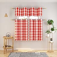 Vista 9 de Juego de 3 cortinas de cocina estilo campirano clásico con ventana de algodón y cenefa con ojales - Set de cenefa y volado a cuadros Buffalo en rosa