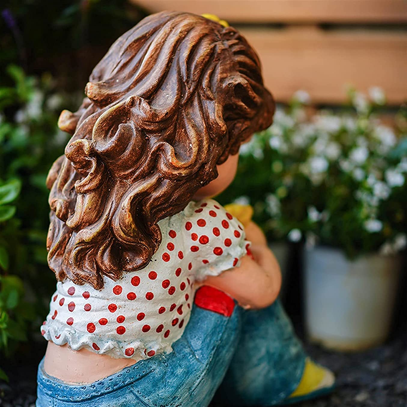 Figurka na zewnątrz patio ozdoba rustykalna siedząca dziewczyna statuetka na balkon ogród ozdoba, 34 cm wysokości