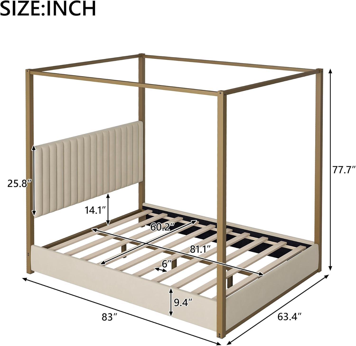 Queen Size Canopy Bed Frame with Velvet Upholstered Headboard, 4 Metal Poster Bed Frame, Sturdy Wood and Metal Support Platform Bed, Easy Assembly, No Box Spring Needed, Beige