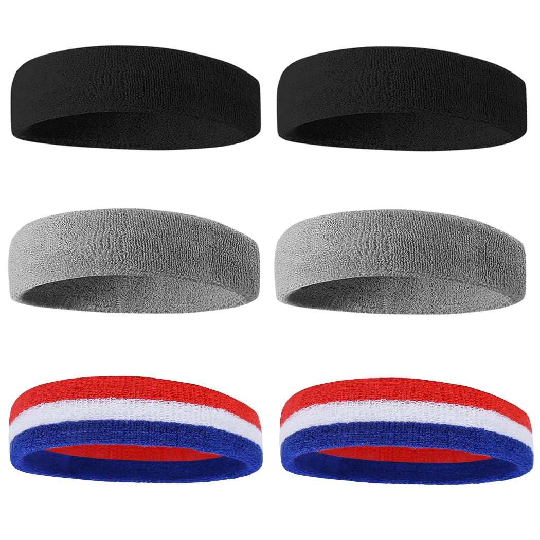 BEACE Sweatbands Sports Headband for Men &amp; Women - 6PCS Moisture Wicking Athletic Cotton Terry Cloth Sweatband for Tennis, Basketball, Running, Gym, Working Out