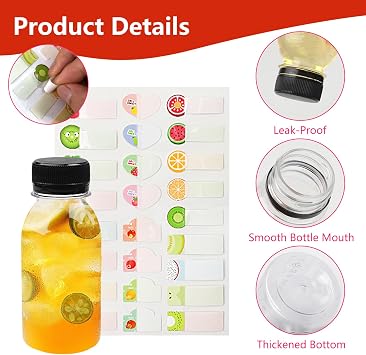 14pcs Juice Shot Bottles with lids, 100ml Small Plastic Bottles with Lids, Reusable Empty Drink Containers, Includes Waterproof Fruit Stickers for Milk Juice Drinks