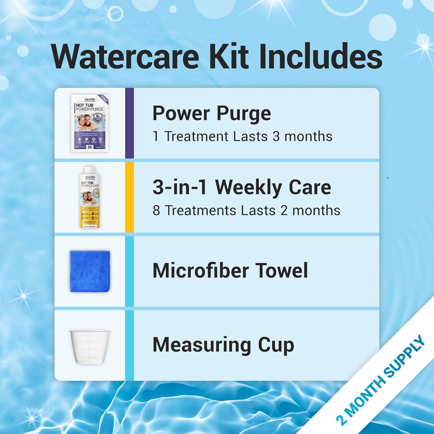 Bio Ouster Hot Tub Chemicals Kit Complete Hot Tub Cleaner Kit with 3in1 Weekly Care, Power Purge Jet Cleaner, Towel, Measuring Cup for Standard and Inflatable Spas Made in USA - Image 3