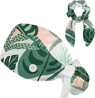 FVQL 2 Pieces Surgical Cap for Long Hair Scrub Cap with Hairband Nurse Cap, Tropical Leaves Pattern Art