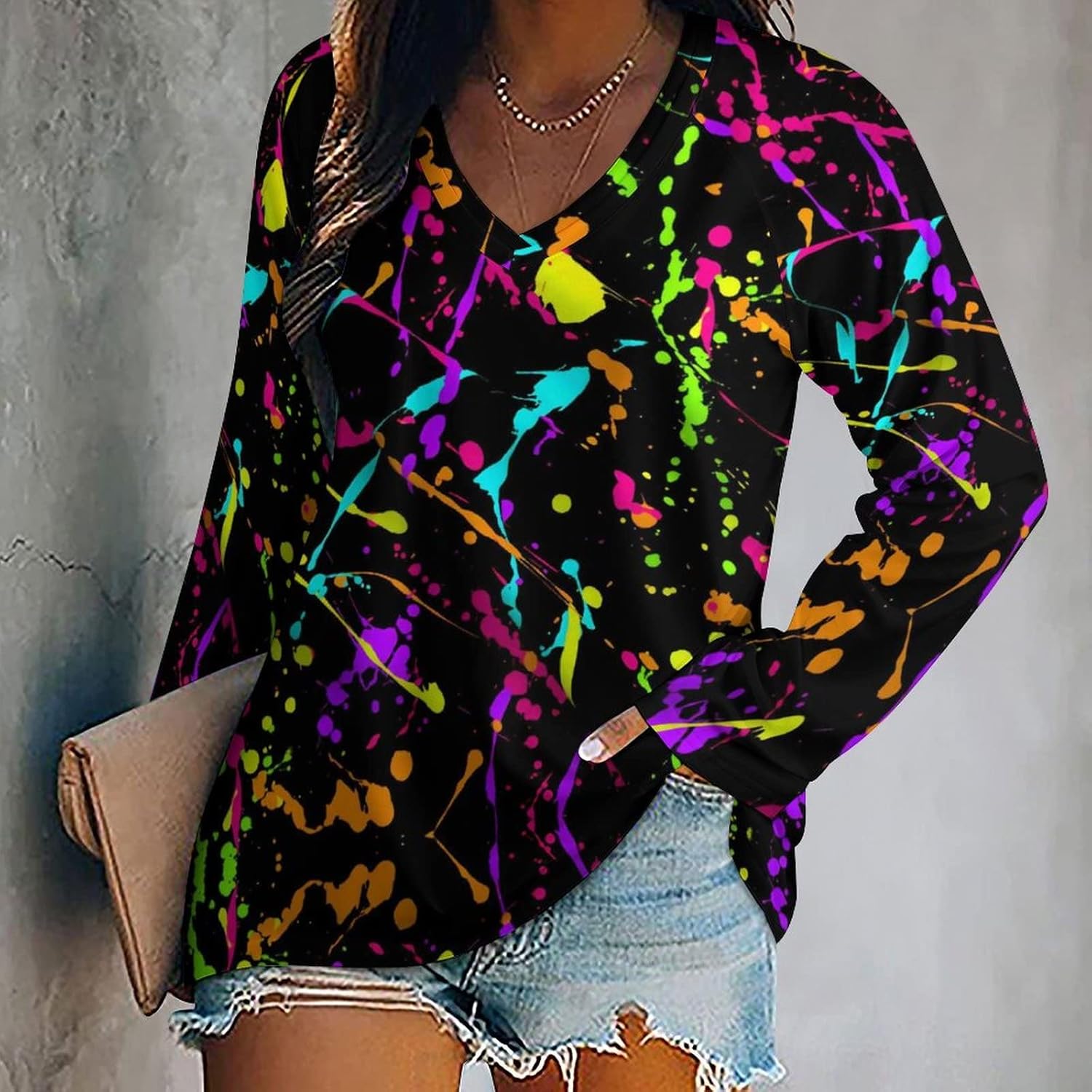 Glow in Dark Splatter Neon Long Sleeve Shirts for Women Fashion V Neck T-Shirt Women's Fall Tops - Image 2