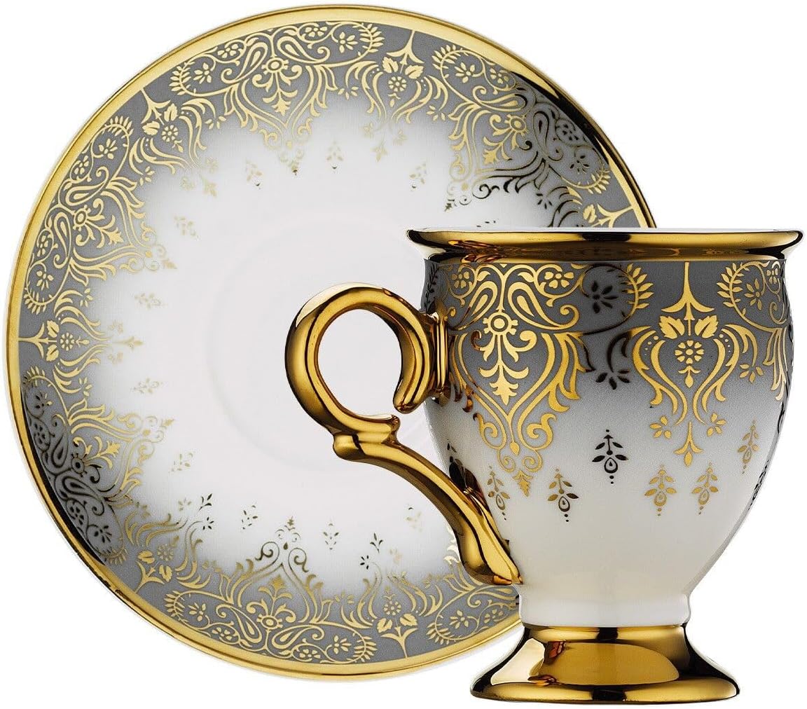 derya home Gonca Porcelain Espresso Cup Set, Turkish Coffee Cup Set of 6, Cups and Saucers (3 Oz) Gold Patterned Cups