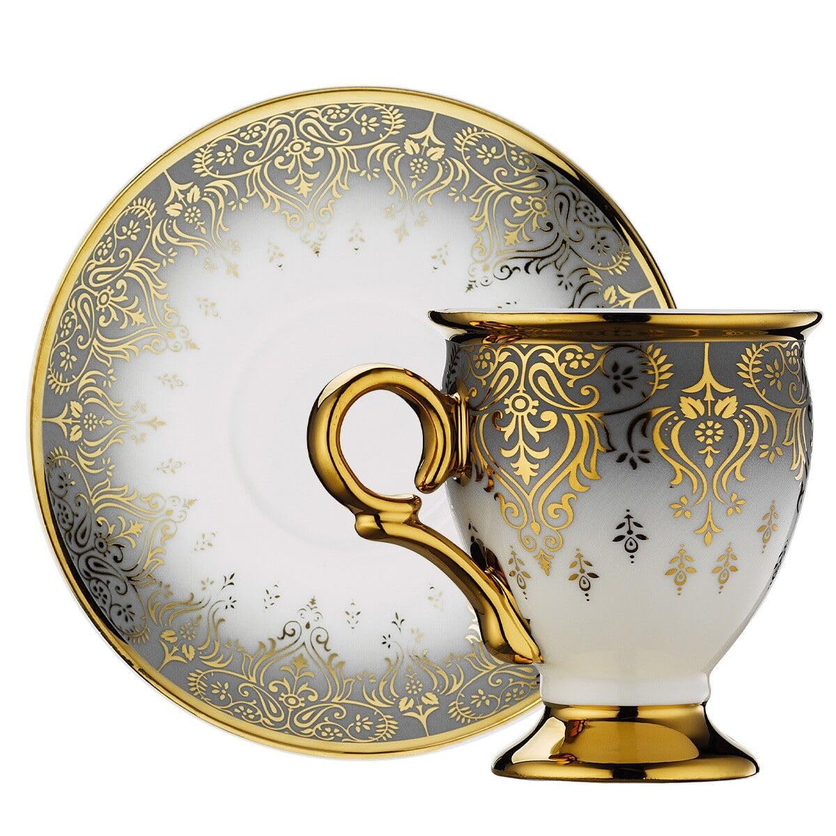 derya home Gonca Porzellan Espressotassen Set Türkische Kaffeetasse 6er Set Tassen und Untertassen (85.0 g) Gold Gemusterte Tassen