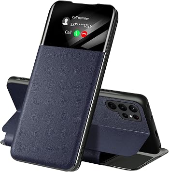 Flip Cover for Samsung Galaxy S22/S22 Plus/S22 Ultra, Leather Case S View Tap Control Smart Wake-Up Magnetic Book Folio Kickstand Protective Phone Case Color Blue, Size S22 6.1