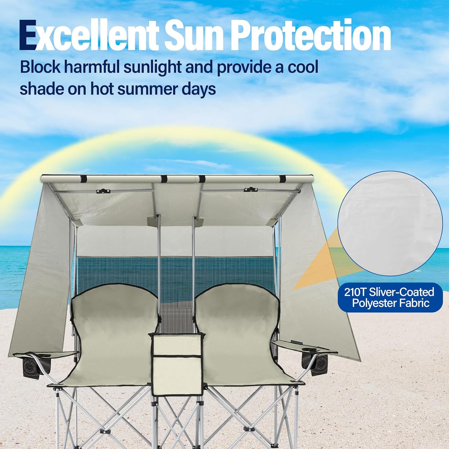 Double Beach Chair with Canopy Shade,Heavy Duty Camping Chair for Aduls,Folding Beach Chair with Cup Holder Cooler Bag for Sports Beach Outside（White）