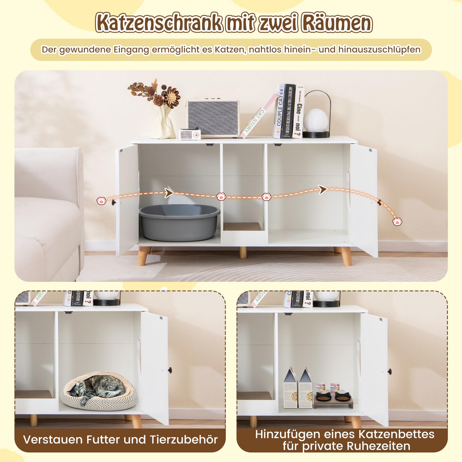 GYMAX Katzenklo Schrank 50 x 108 x 70 cm, Katzenschrank für katzentoilette mit Doppeltür, 2 Seiteneingänge & Sisal Kratzmatten, stabile Katzenhaus mit Katzenkratzbrett (Weiß)