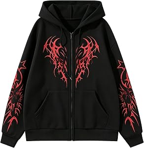 JMKEY Zip Up Oversized Hoodies for Men Women Graphic Goth Jackets Grunge Hoodie Baggy Streetwear Emo Fleece Sweater Unisex