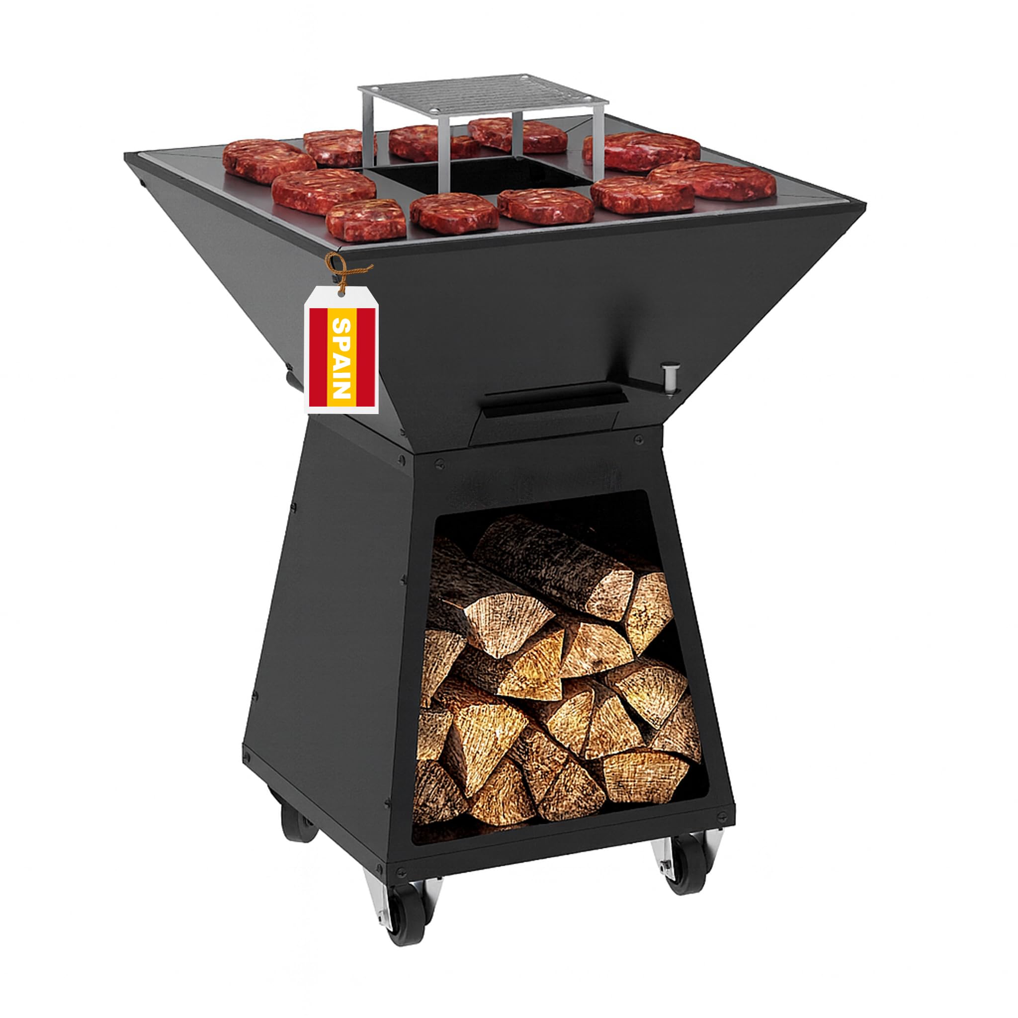 Barbecue a Legna Quadrato Professionale con Braciere con mattoni refrattari, Plancha 72x72 cm, h 97cm 4 Ruote e Ampio Portalegna - MADE IN SPAIN