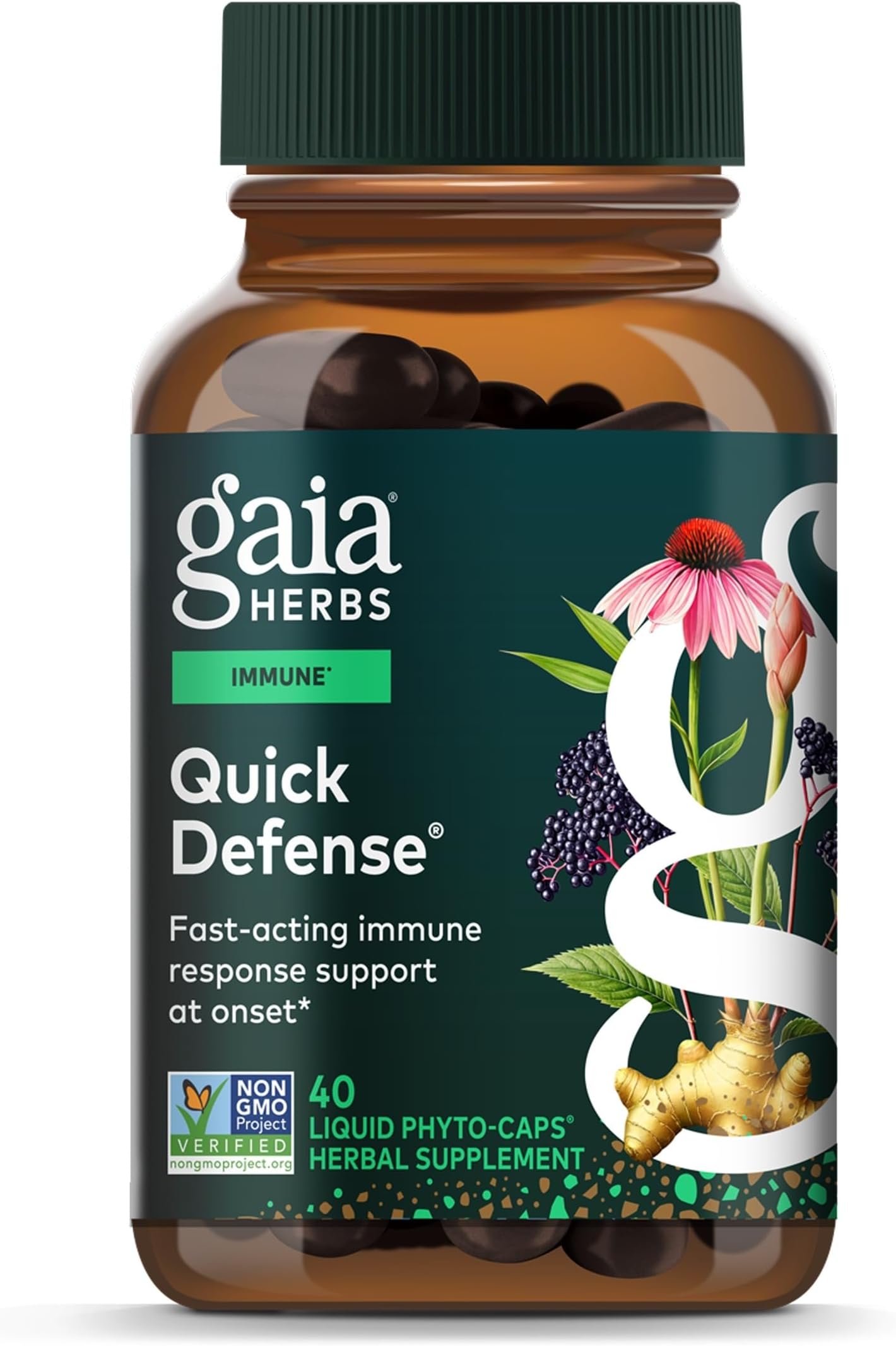 Gaia Herbs Quick Defense, 40 Vegan Capsules, 20 Servings | Echinacea & Elderberry Immune Support Supplement, Fast-Acting, Non-GMO Project Verified*