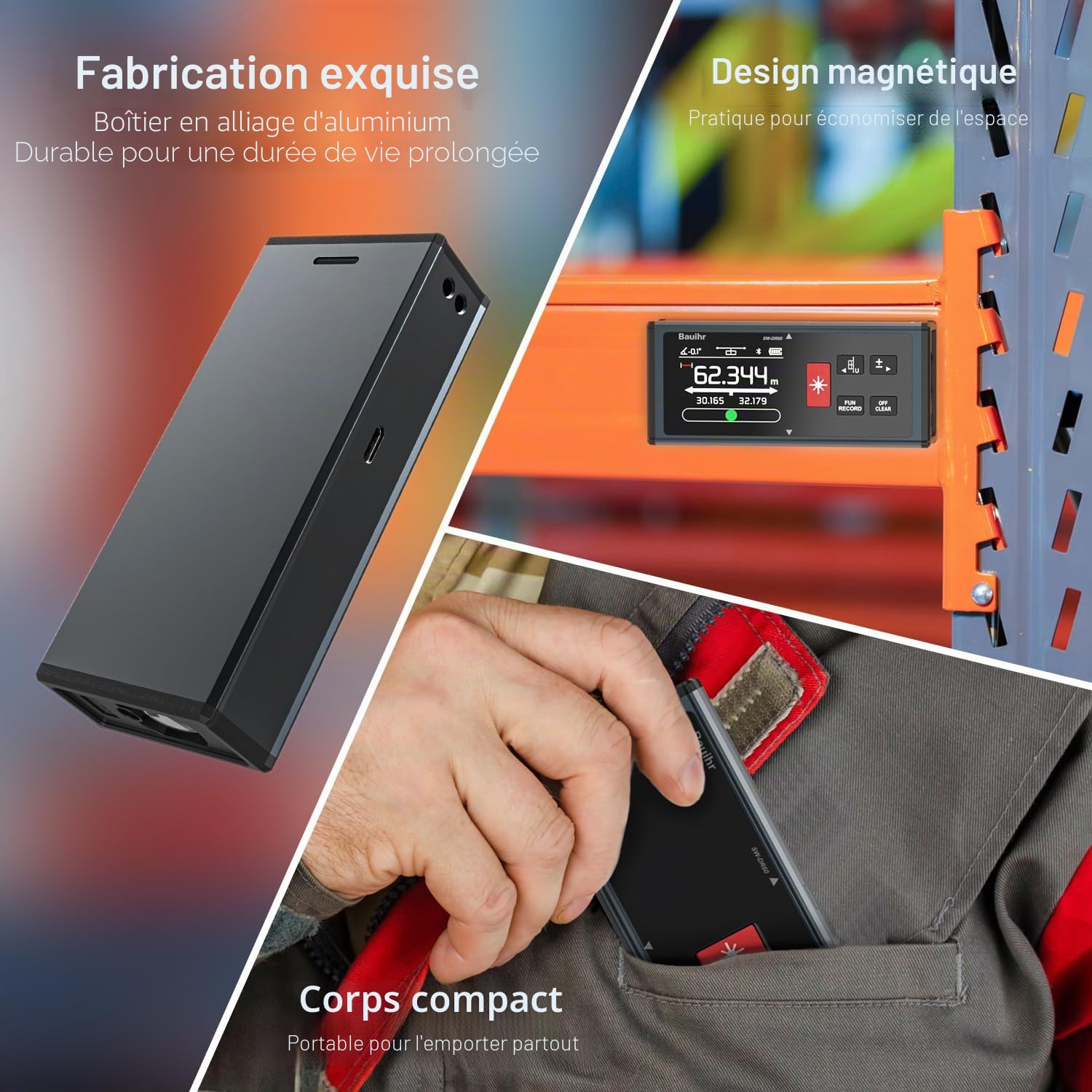 Télémètre Laser Bilatéral, Bauihr 393ft/120M Rechargeable Mesure Laser avec écran LCD Rétro-éclairé, Capteur d'angle Mesurede Unités Commutables,Pythagore, Mesure Surface et Le Volume