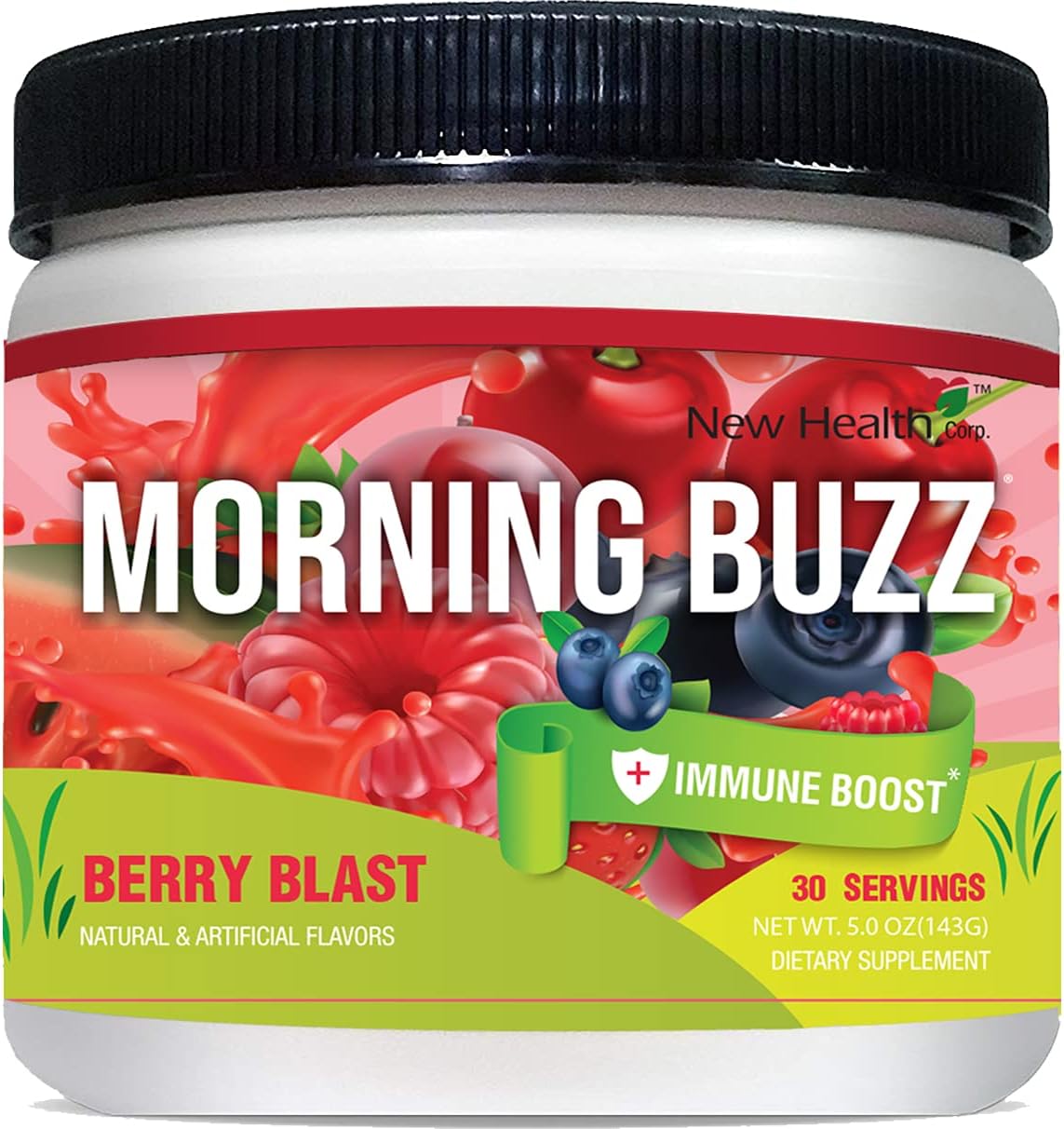 Morning Buzz Clean Energy Drink Mix + Immune Support (5 Oz/143g) by New Health, Sugar-Free, Green Tea Natural Caffeine, Vitamin D, Zinc, Antioxidant, Probiotic, Powder Mix, 30 Serving