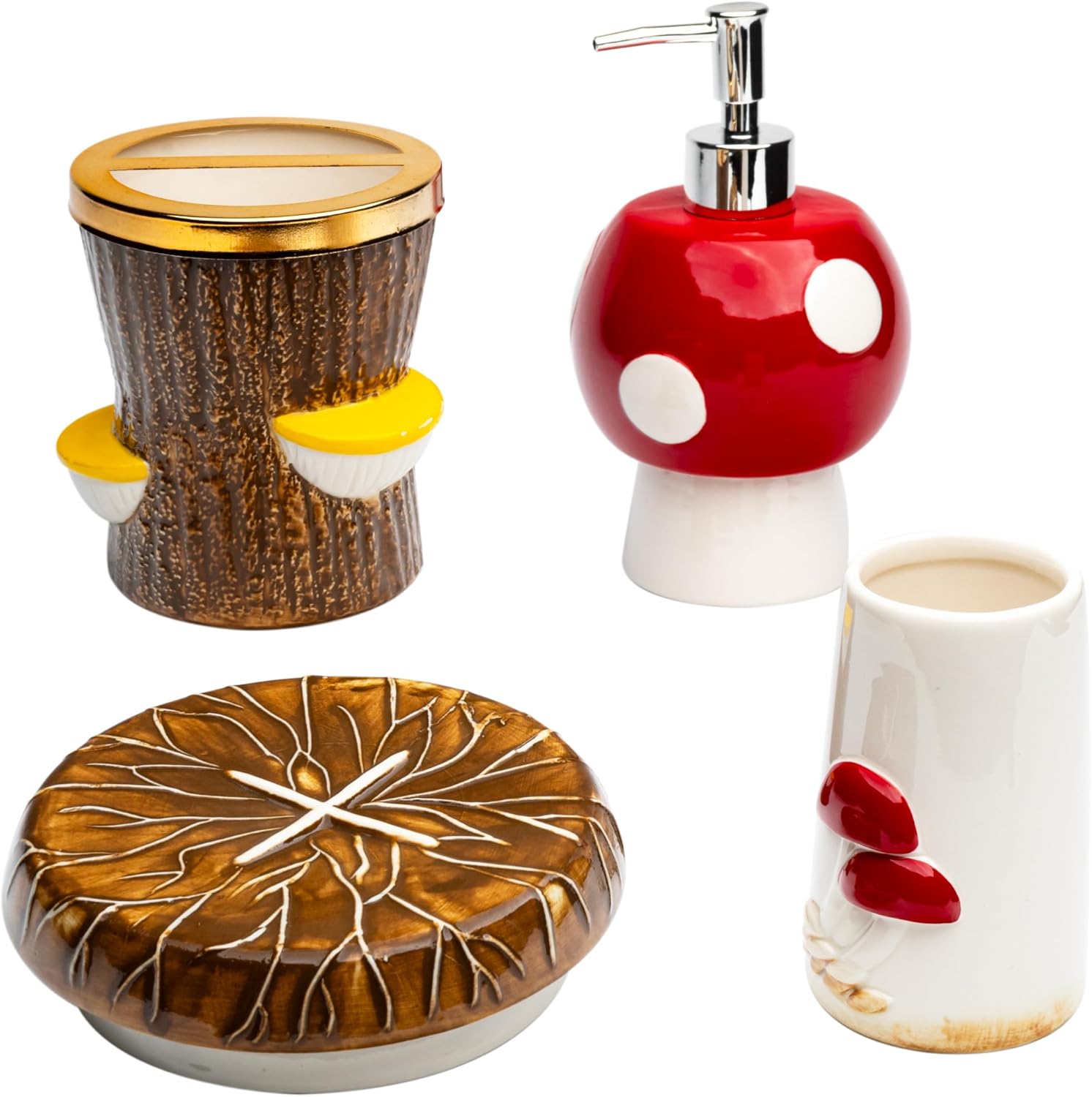 Mushroom Bathroom Accessories Set - Whimsical Red Nature-Inspired Ceramic Bathroom Kit Set with Tumbler, Toothbrush Holder, Soap Dispenser, and Soap Holder | Hand-Painted | Perfect for Gifts