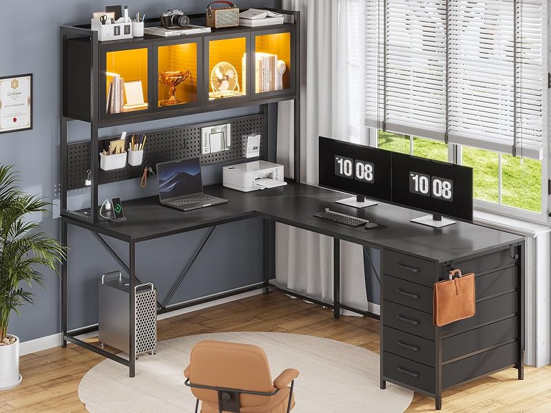 SEDETA L Shaped Gaming Corner Desk with Drawers, Hutch and Storage Shelves image 2