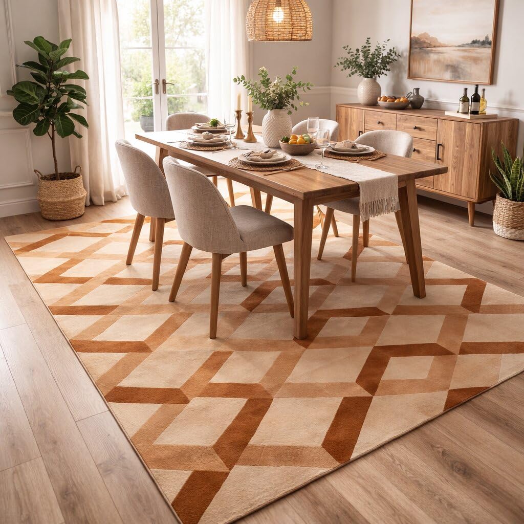 6'x10' Modern Hand Tufted Wool Area Rug Orange & Beige Geometric Pattern Carpet, Contemporary Rectangular Floor Rug for Living, Bedroom