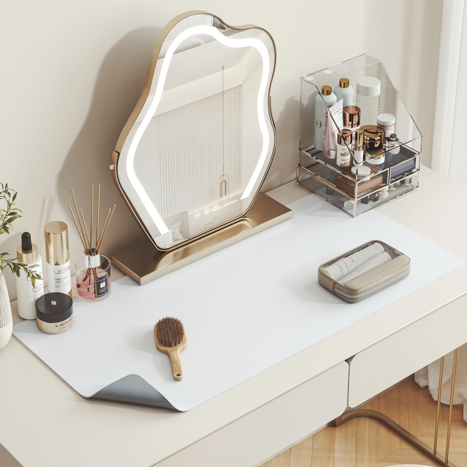DAWNTREES Makeup Mat for Vanity,23.6"x11.8",Dual-Sided Leather Vanity Mat, Easy to Clean, Waterproof and Oilproof,Desk Pad Mat to Protect Vanity(White - Silver)-image-47