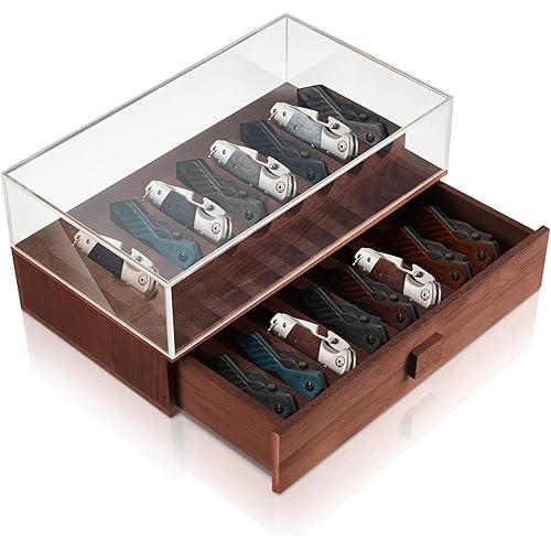 Bucherry Wooden Pocket Knife Display Case 2-tier Holds up to 16 Knives Case for Collection with Removable Drawers and Acrylic Cover Pocket Knife Storage for Pocket Knife and Other EDC Accessories