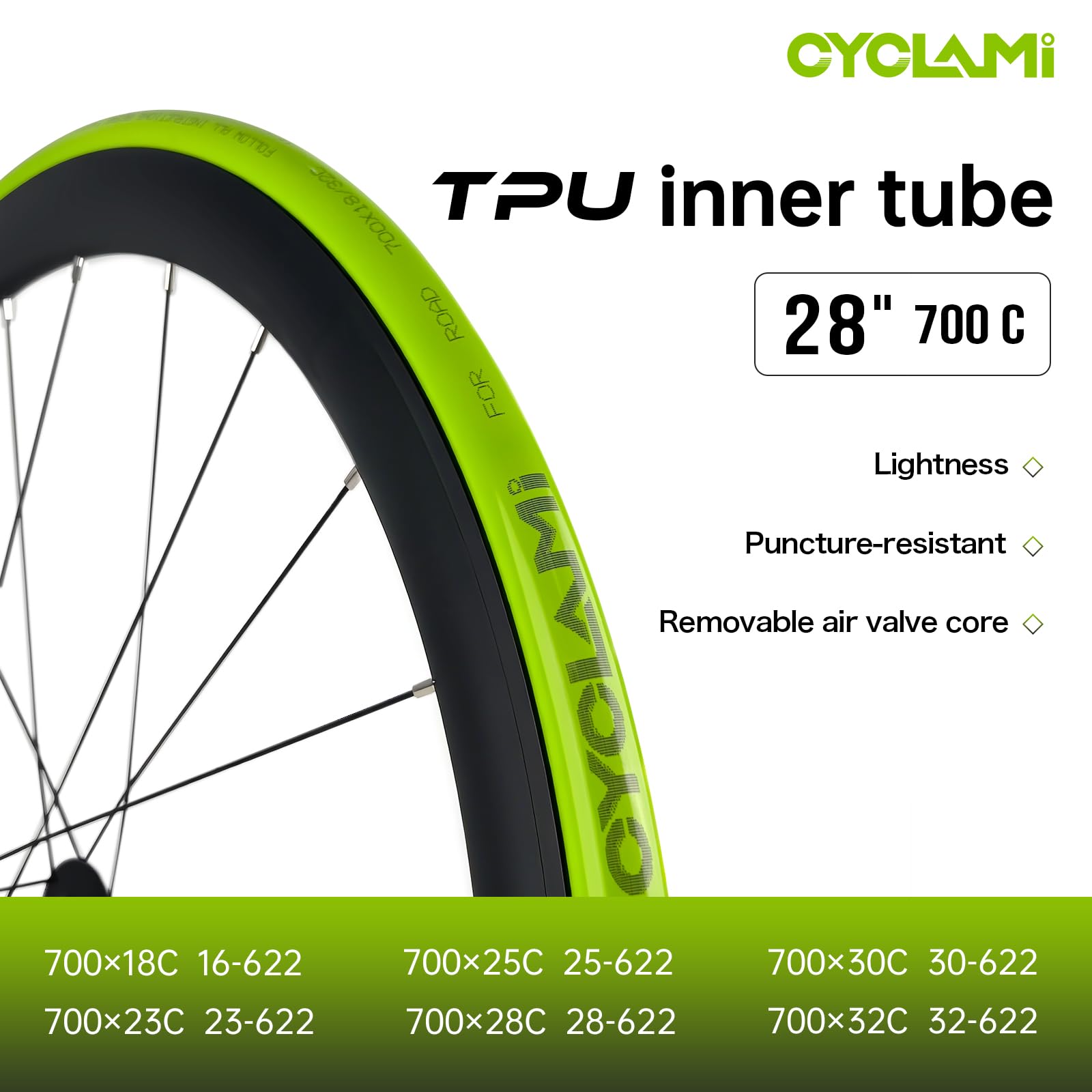 CYCLAMI Chambre à Air TPU 30g Ultra Légère Chambre a Air Velo Route 700 x 18/23/25/28/30/32C - Métal Amovible Valve Presta 45/60/80mm - 4