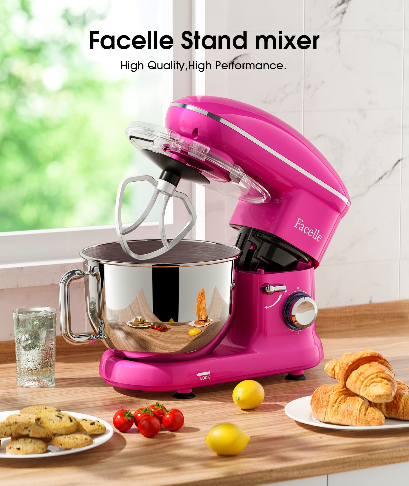 Facelle Kitchen Stand Mixer,660W 6Speed TiltHead mixers kitchen electric stand mixer with 6QT