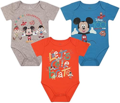 Disney Mickey Mouse - Paquete de 3 mamelucos para recién nacidos y bebés, color azul, naranja y gris