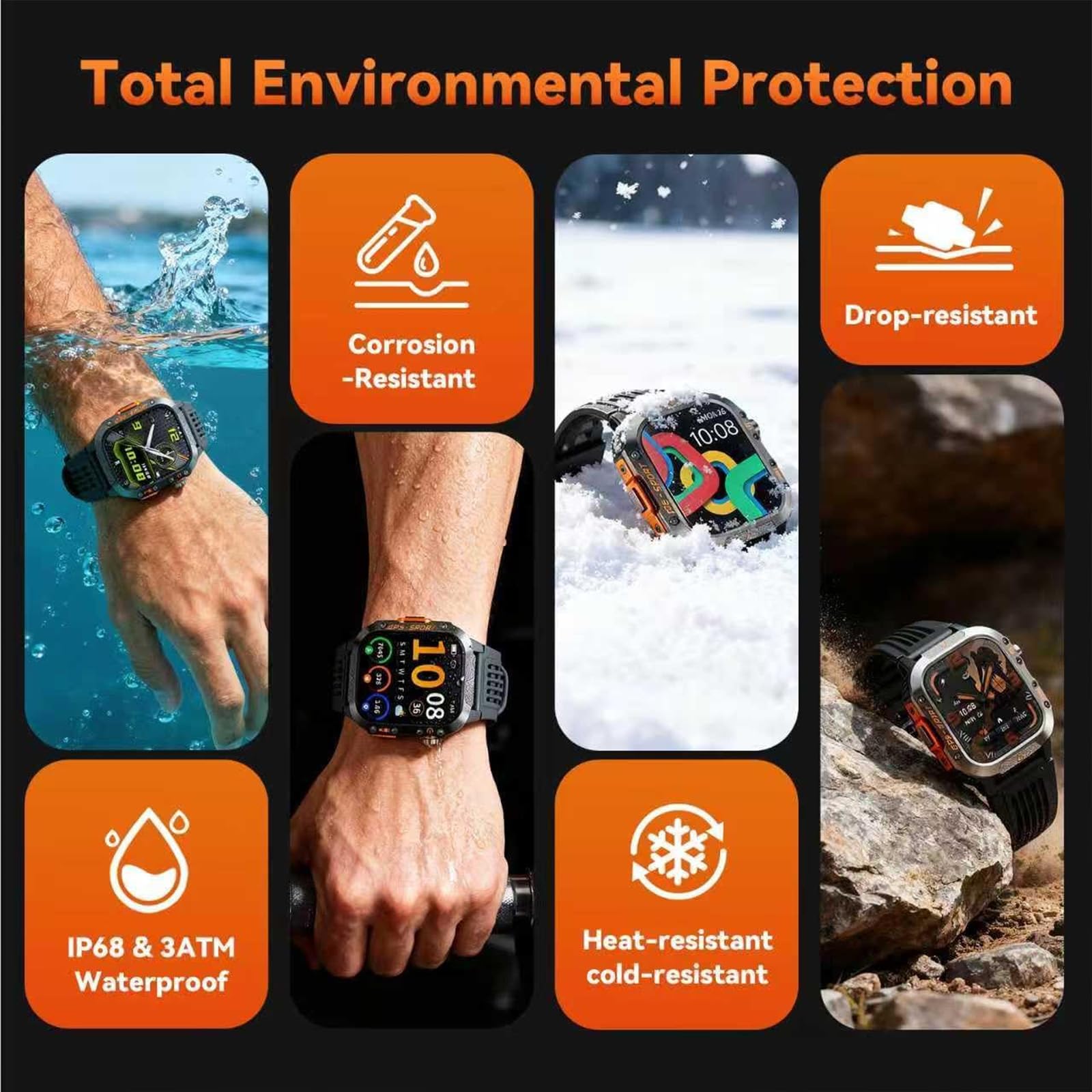 Smart watch militare con GPS integrato, smart watch tattico per iPhone/Android, oltre 100 modalità sportive con torcia, schermo da 2 pollici, Bluetooth, bussola, altimetro, frequenza cardiaca/spo2