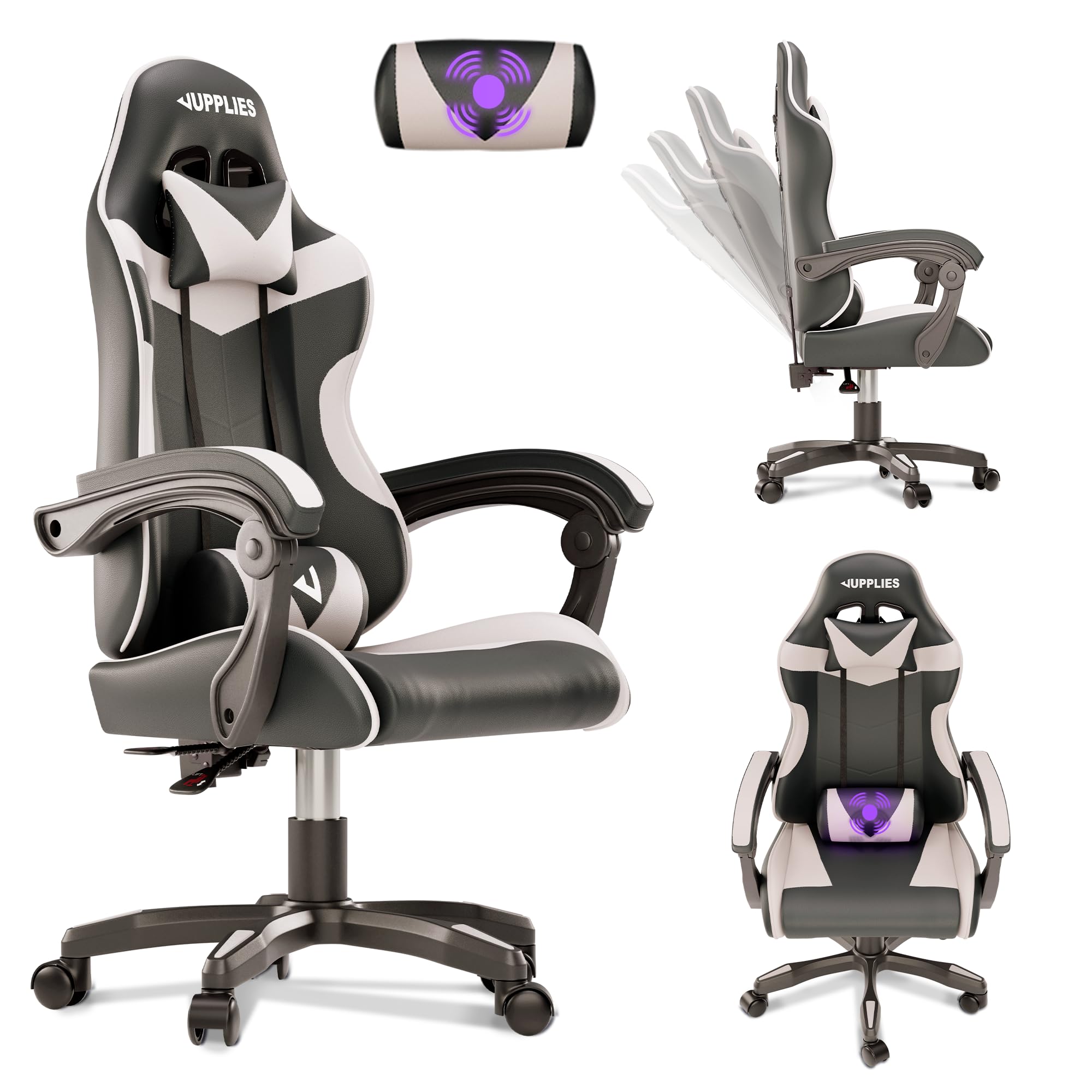 JUPPLIES Silla Gaming Profesional con Masajeador - Silla de Oficina Ergonómica sin Reposapiés, Altura Regulable y Respaldo Abatible - Silla Gamer para Juegos