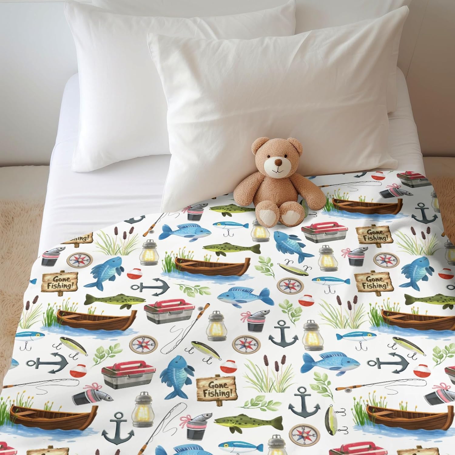 Gone Fishing Baby Blankets for Boy Girl Fishing Lover Gift Soft Flannel Nursery Bed Blanket for Infant Toddler Crib Stroller Camping Adventure Vacation Outdoors Swaddle Receiving Blankets 50x60inch