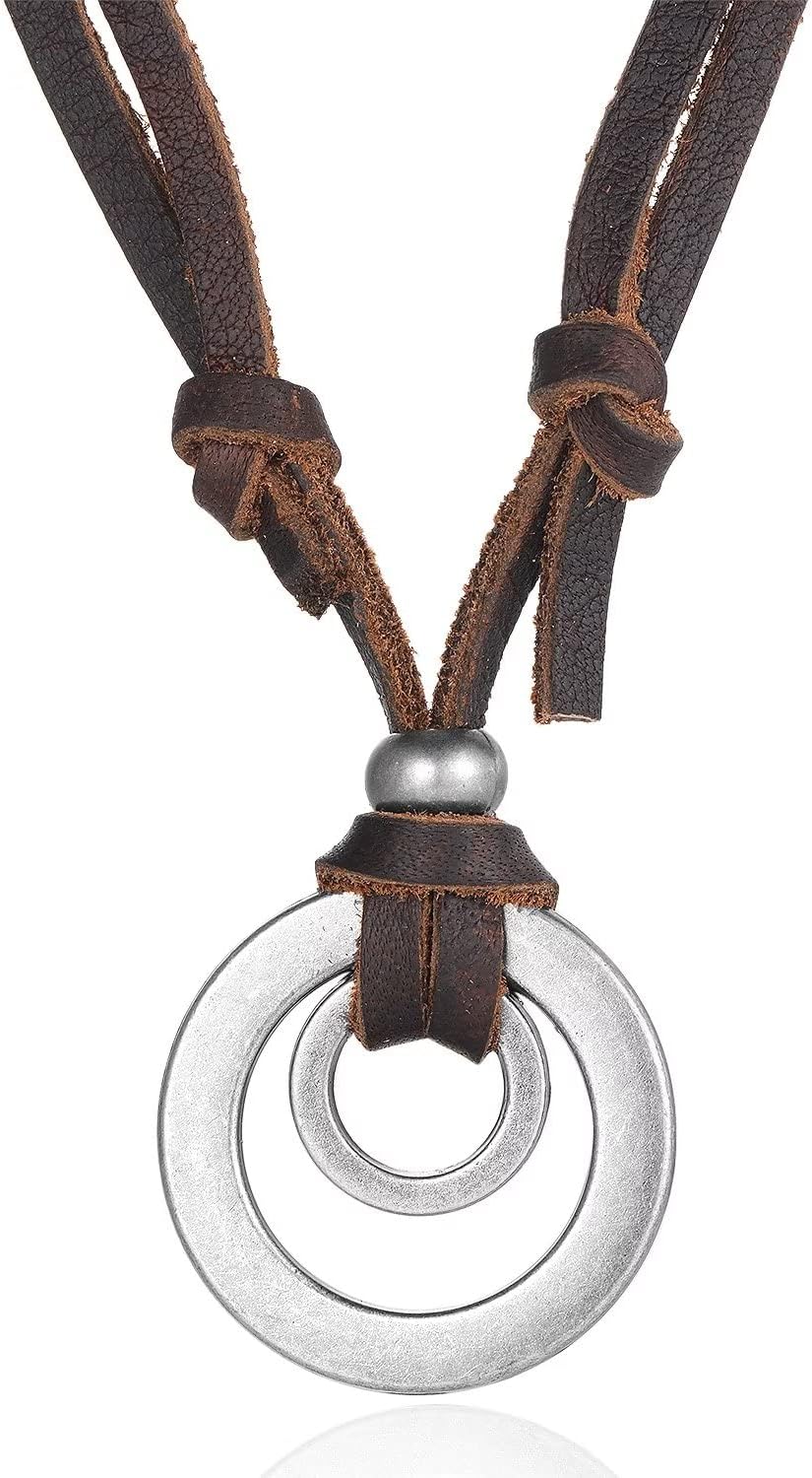 BIYONGDE Vintage Feather Leaf, Guitar, Two Circles, Sword Cross Pendant Necklace, Adjustable Brown Leather, Ethnic