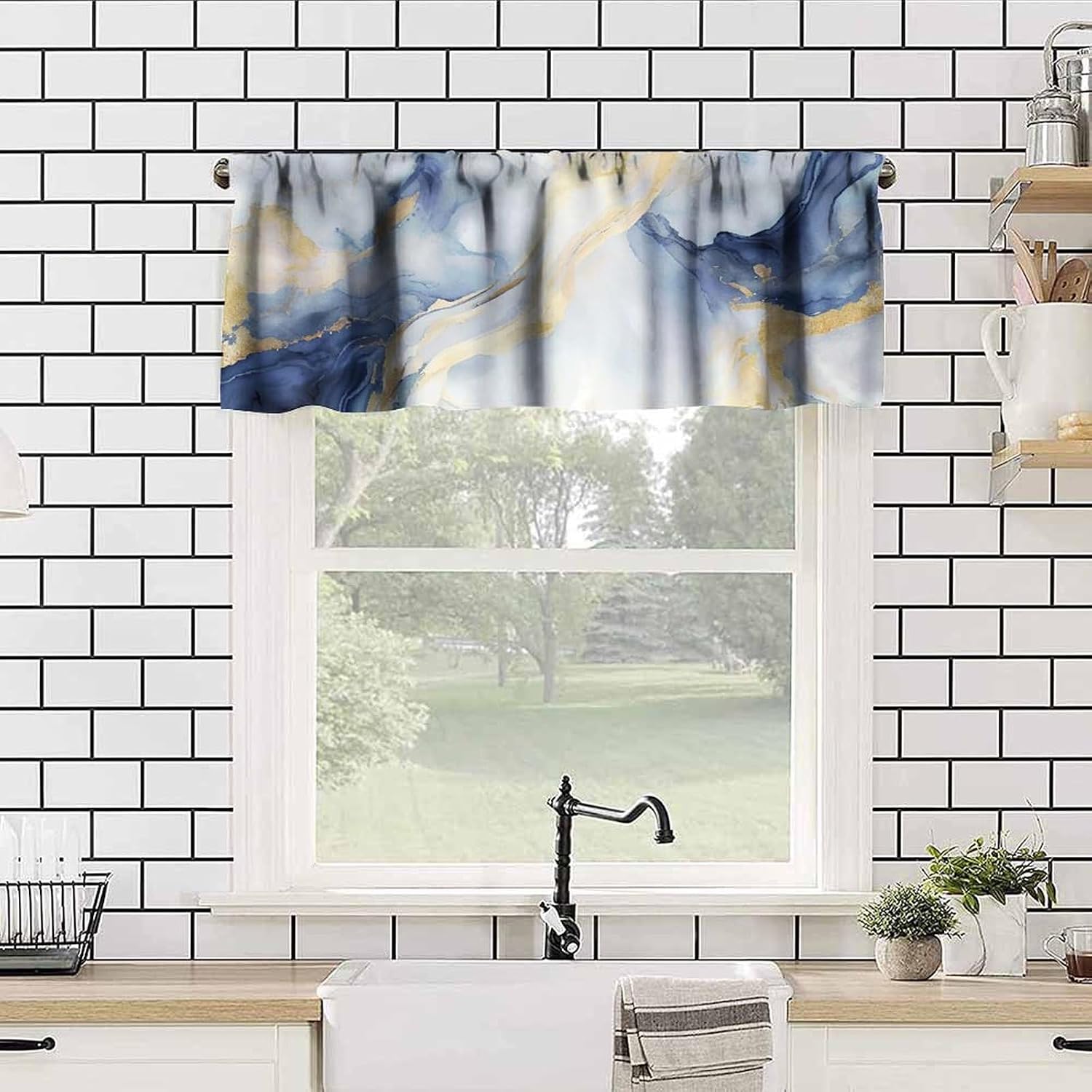 Marble Window Valance Curtain, Blue Gold Ink Abstract Art Window Valance for Bedroom Kitchen Living Room Cafe 54x18inch image 4