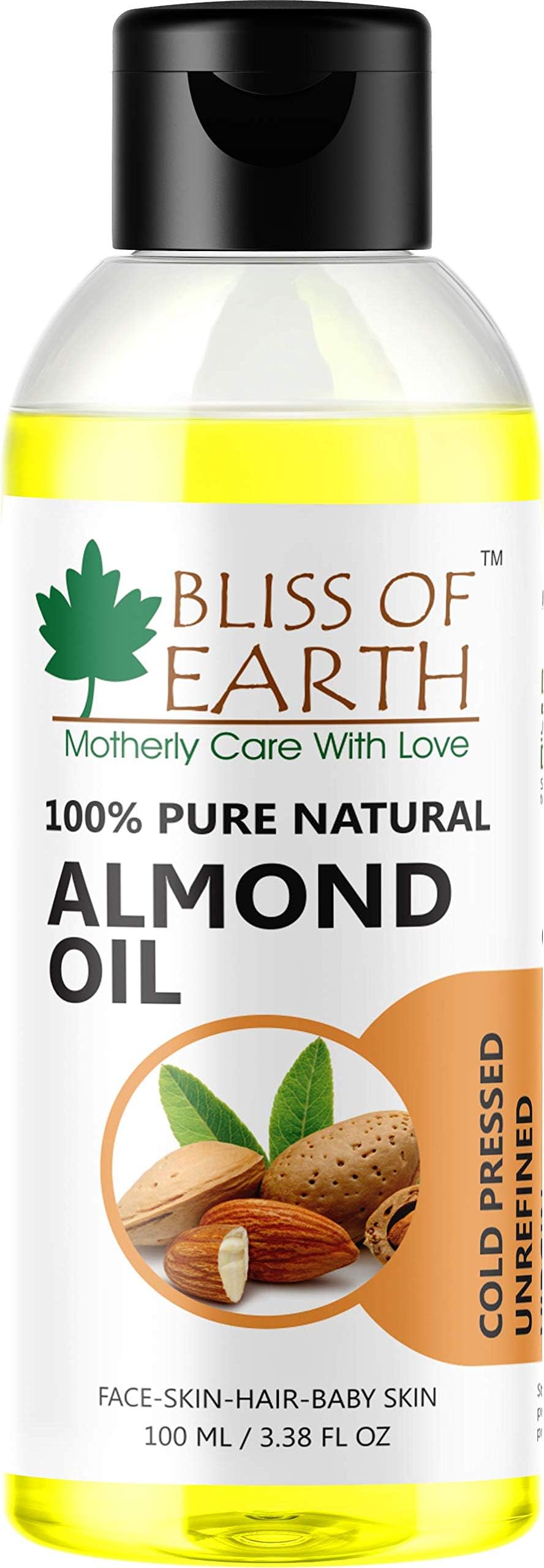 Bliss of Earth Sweet Almond Oil for Skin, Cold Pressed Organic for Hair, 100% Pure for Face, Nails & Baby Skin – 100ml