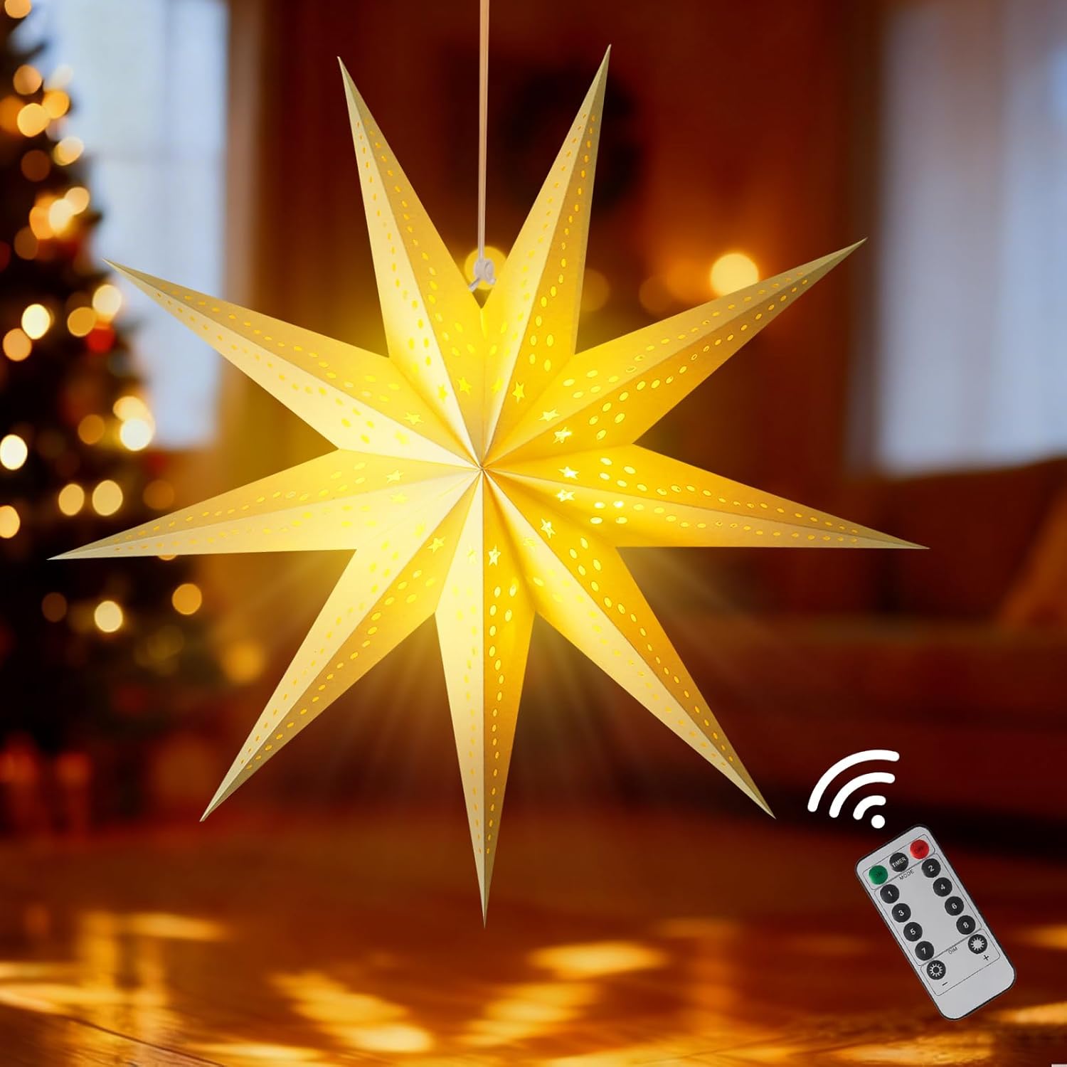 Large Paper Star Lantern with Light, 24 Inch 3D 9 Pointed Christmas Paper Lantern, Foldable Decorative Christmas Hanging Ornament Decoration for Xmas Wedding New Year Party Home Decor Indoor