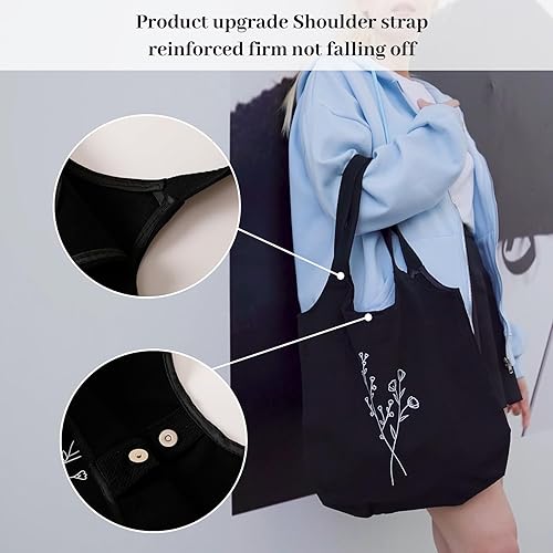 Miniatura 5 de KIEKIECOO Bolsa de lona negra estética personalizada personalizada reutilizable bolsas de comestibles florales arte compras bolsa de hombro