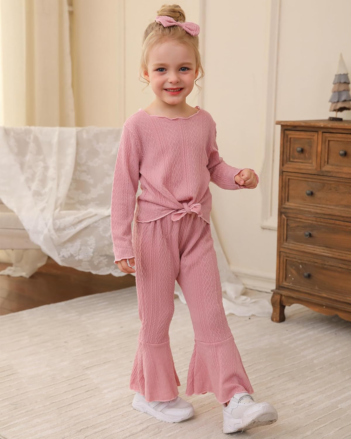 Kucnuzki Baby Girl Clothes Toddler Clothes Long Sleeve Plain Shirts Top Bell Bottoms Flare Pants Infant Girl Fall Outfit - Image 2